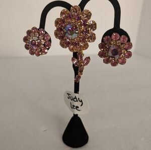 Vintage Judy Lee Pink Rhinestone Flower  Brooch and Clip Earrings Set